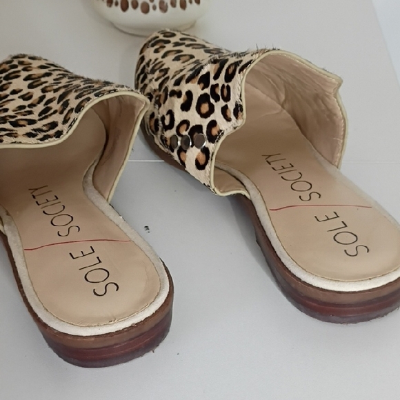 Sole Society Size 7 Cheetah Print Pointed Toe Mules Tan Black Leather Calf Hair - Picture 6 of 10